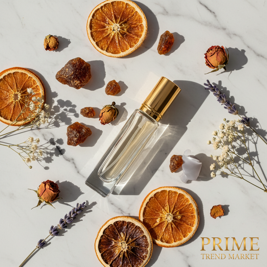 EELHOE Cupid Roller Perfume — Marble Flat Lay with Orange & Amber