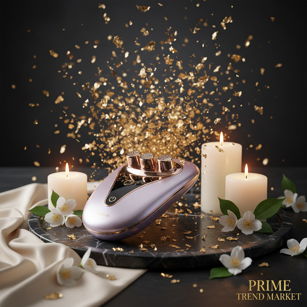 Luxury EMS Neck Decollete Massager Gold Confetti Candle Hero Shot