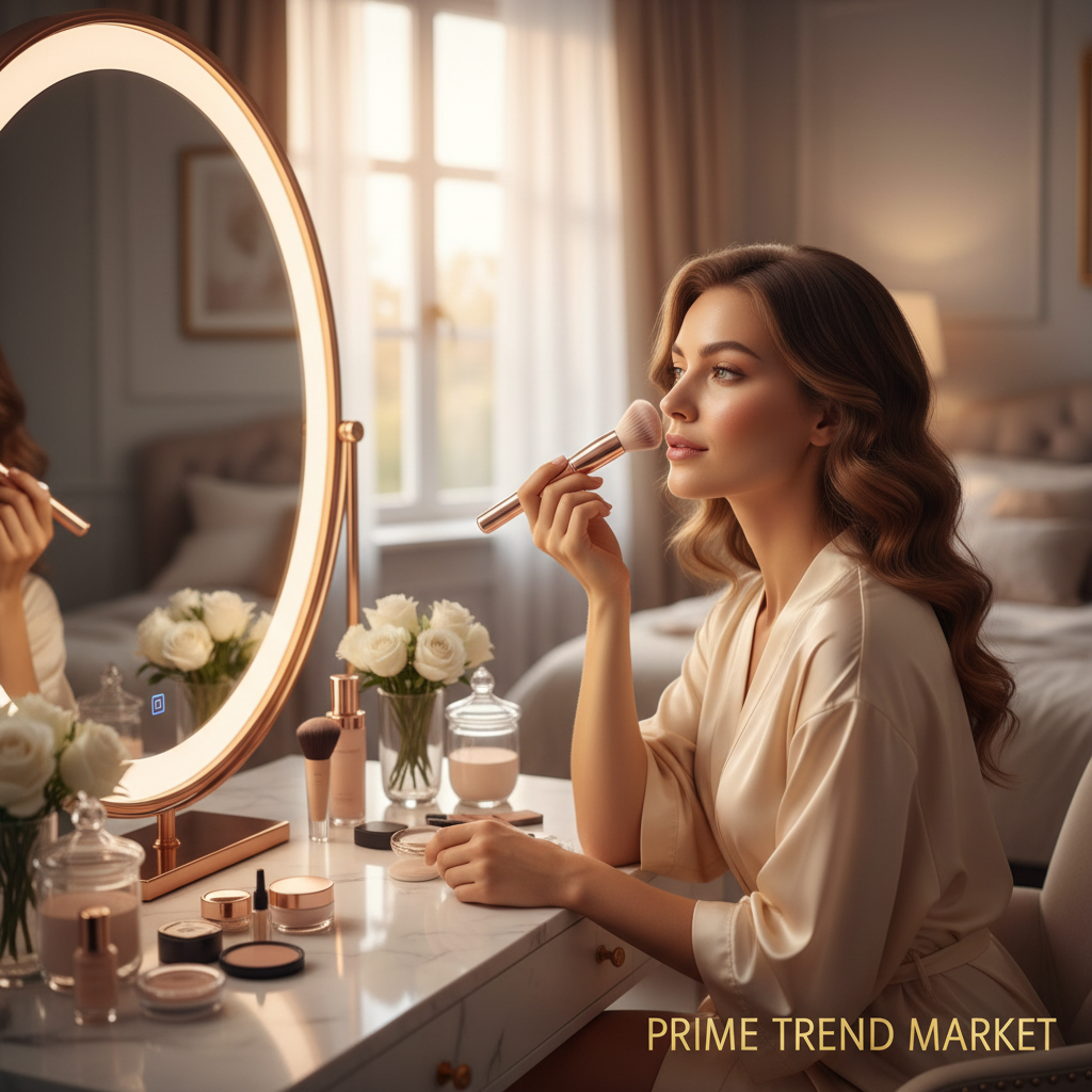 Woman applying blush with rose gold makeup brush at luxury vanity mirror