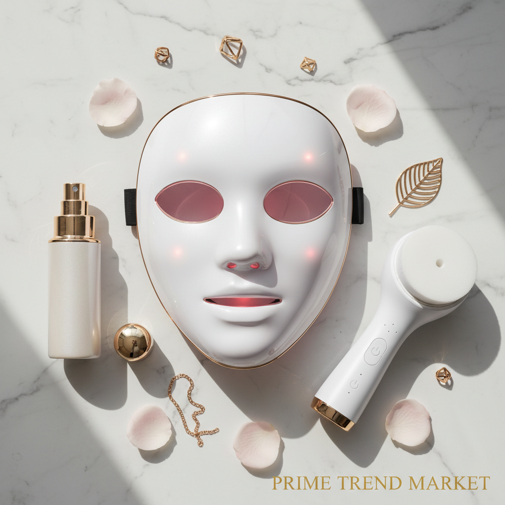 Glow Device Starter Bundle flat lay — LED Face Mask, Nano Mist Sprayer & Sonic Cleansing Brush