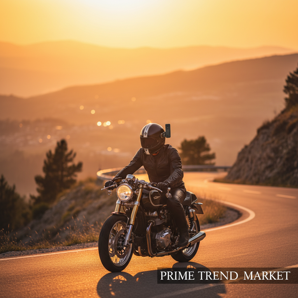 Motorcycle rider with PocketShot on mountain road