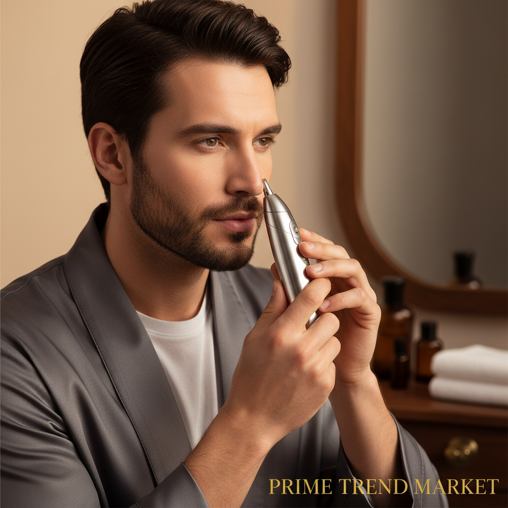 Handsome well-groomed man using electric nose hair trimmer clean sharp look men grooming lifestyle