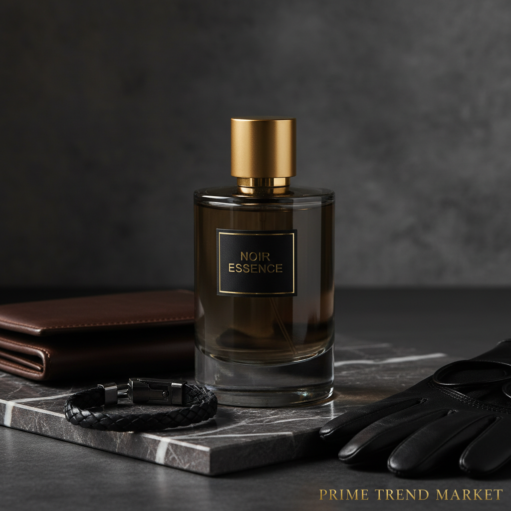 Men's niche perfume bottle on dark marble with leather accessories