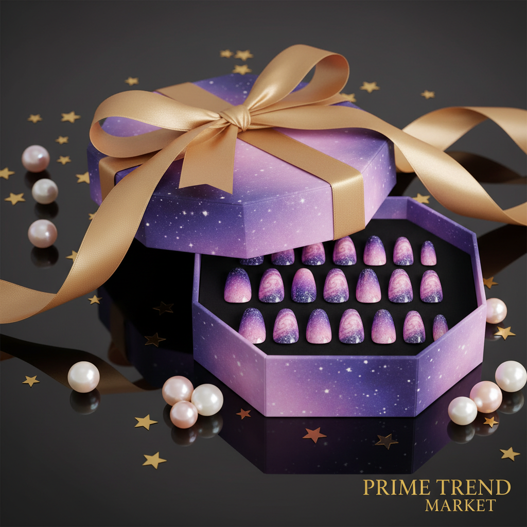 Gift box presentation ombre galaxy press-on nail set luxury purple cosmic packaging