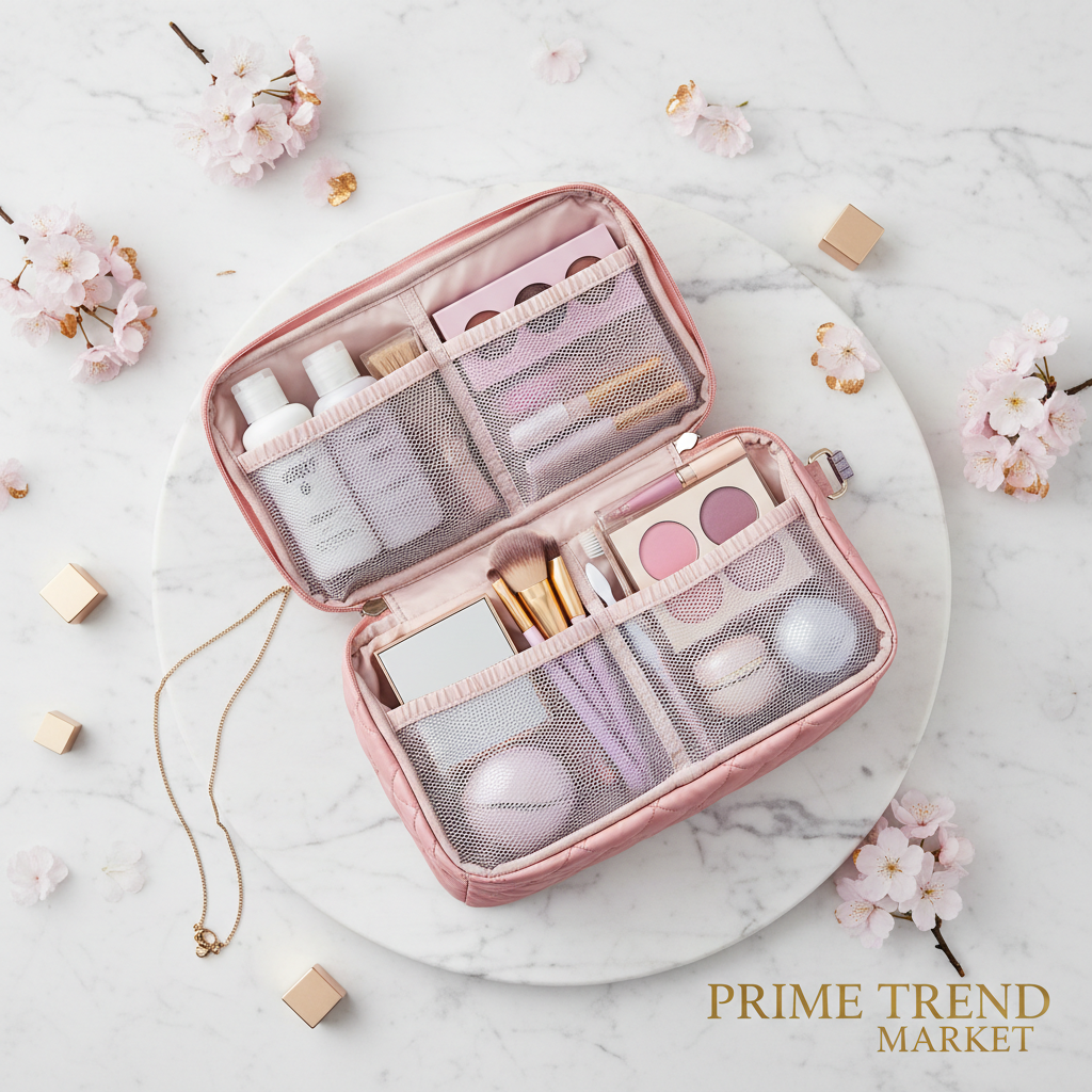 Pink waterproof cosmetic travel bag open showing multi-grid divider pockets with makeup