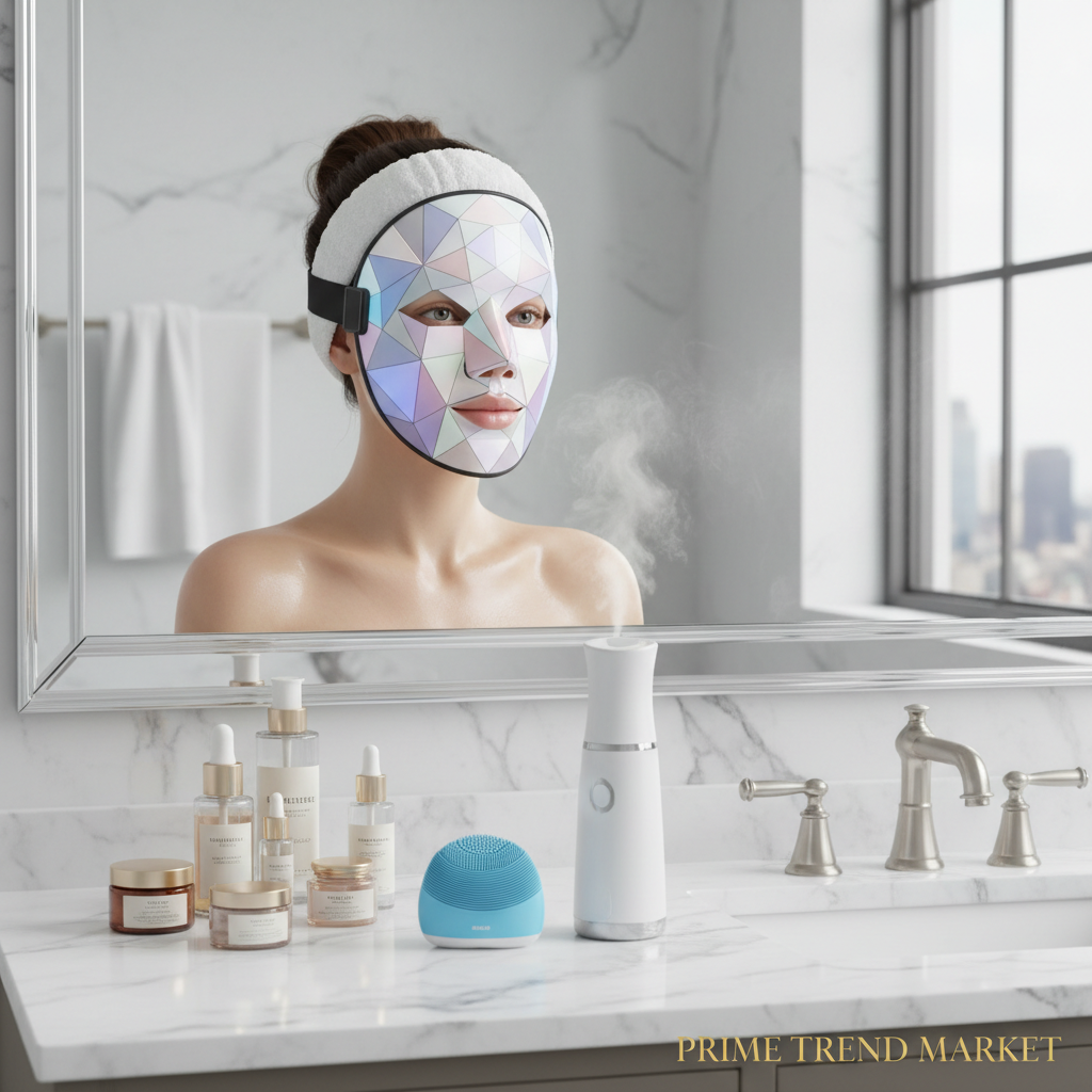 Woman wearing LED face mask with nano mist sprayer and cleansing brush on vanity