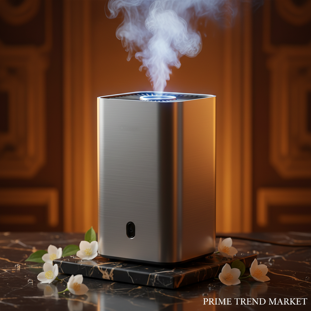 Close-up hero shot of desktop air purifier with anion mist effect on black marble - Prime Trend Market