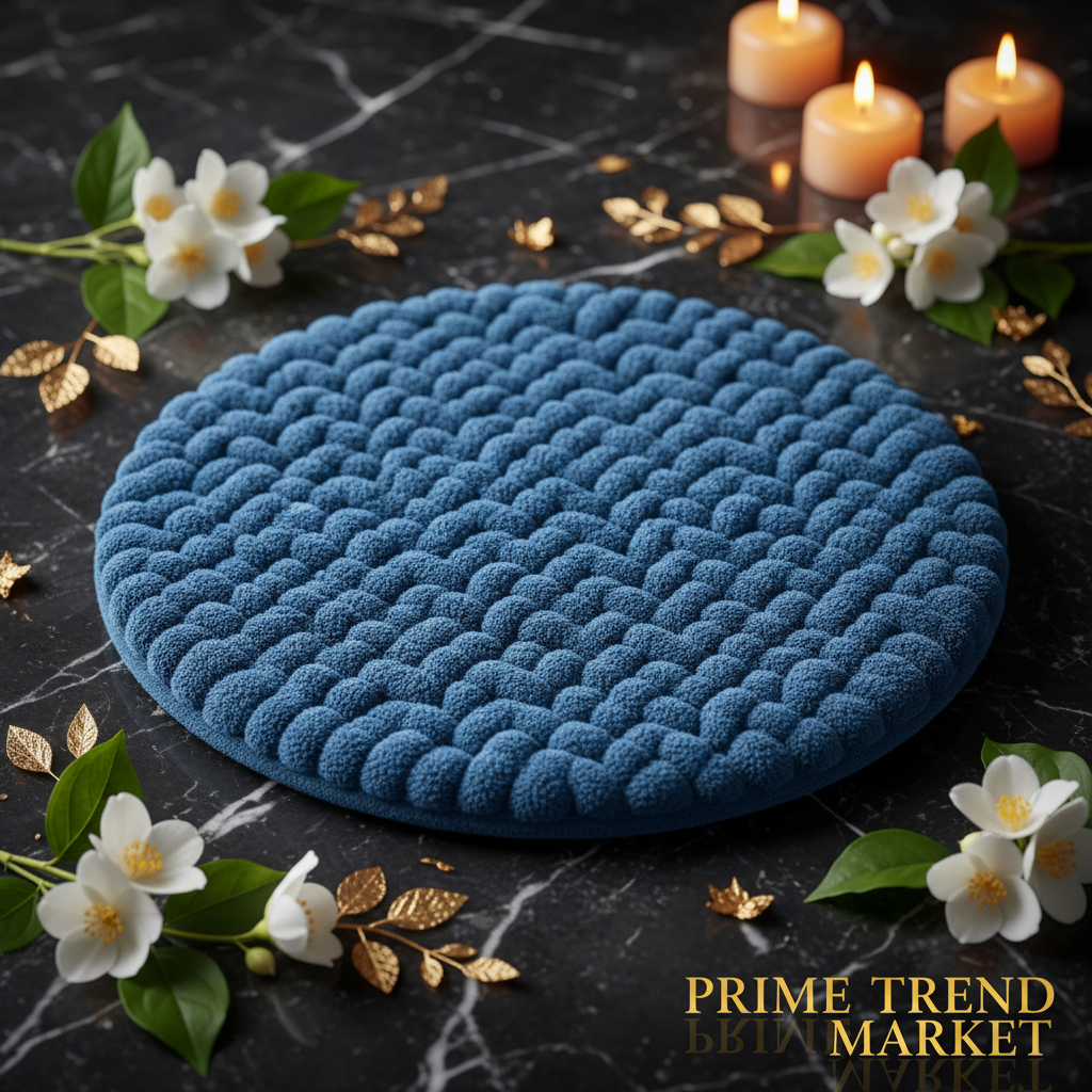 Premium blue soft fabric pet litter mat flat lay on dark marble