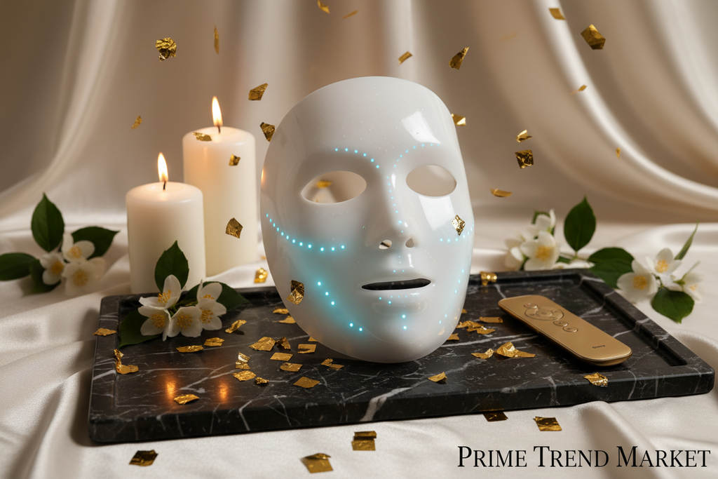 Luxury EMS Electric Facial Massage Mask White Gold Confetti Cinematic Hero Shot