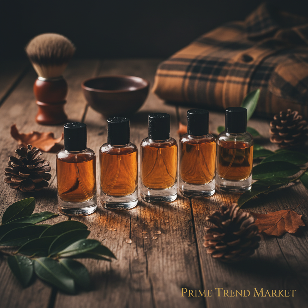 6 cologne bottles lined up on wooden surface with pine cones