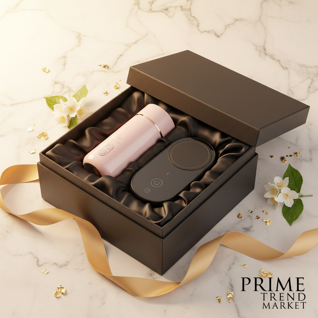 Pink mini blender and smart mug warmer wireless charger bundle in luxury black gift box with gold ribbon