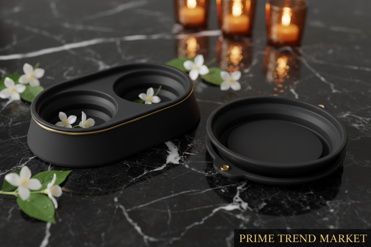 Luxury black silicone foldable pet double bowl editorial