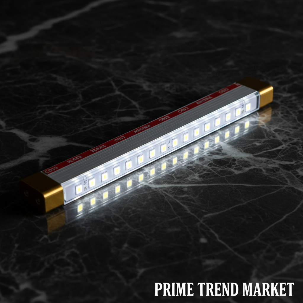Close-up of COB LED daytime running light strip showing aluminum body and bright white chips