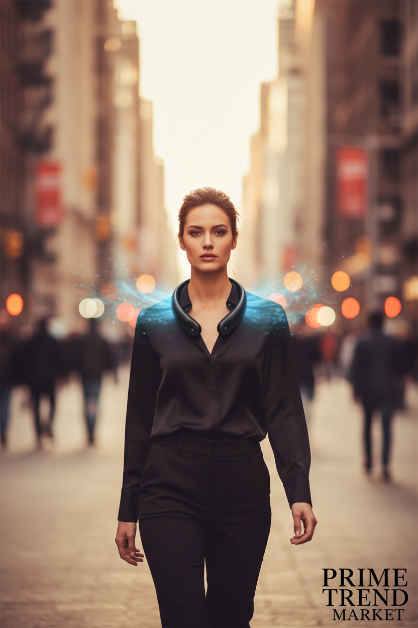 Wearable Negative Ion Neck Air Purifier — Lifestyle Woman Wearing in City