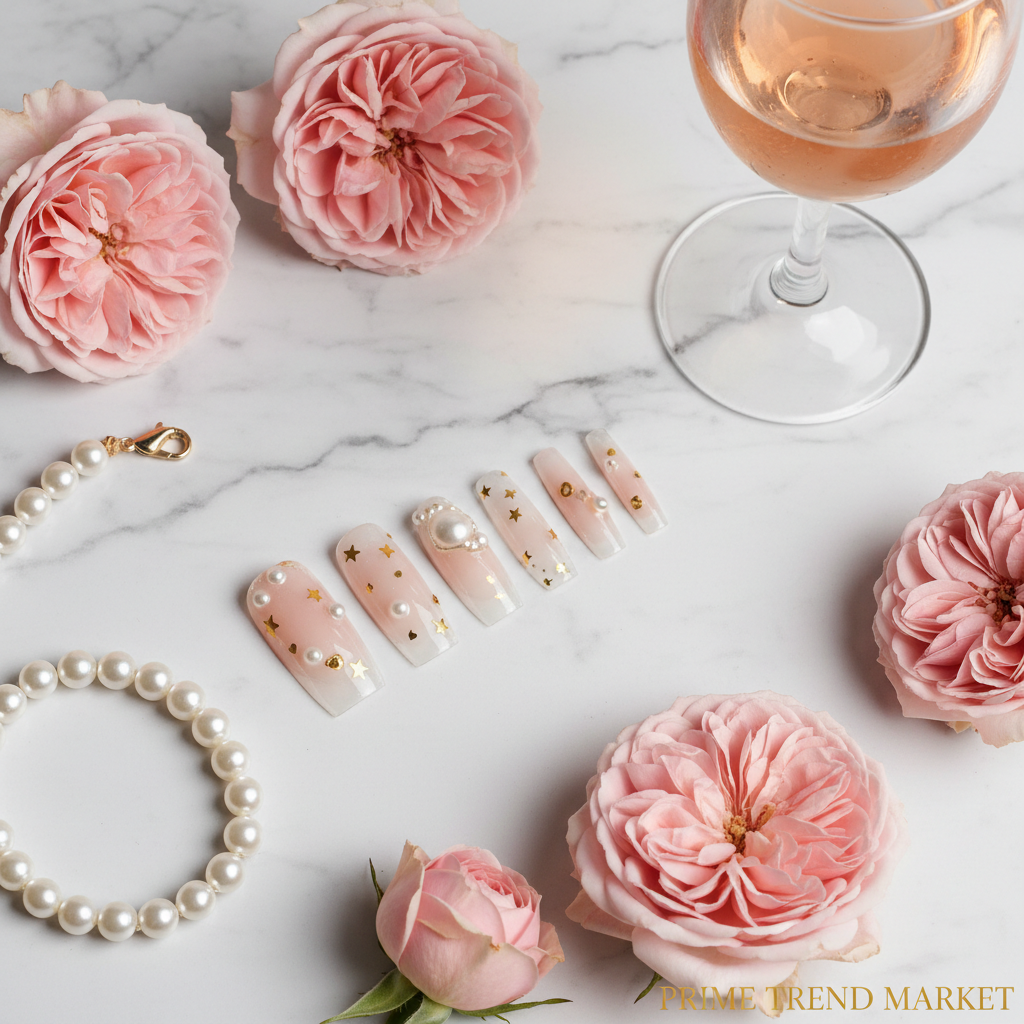 Luxury marble flat lay of pearl love star press-on nails with roses and rosé