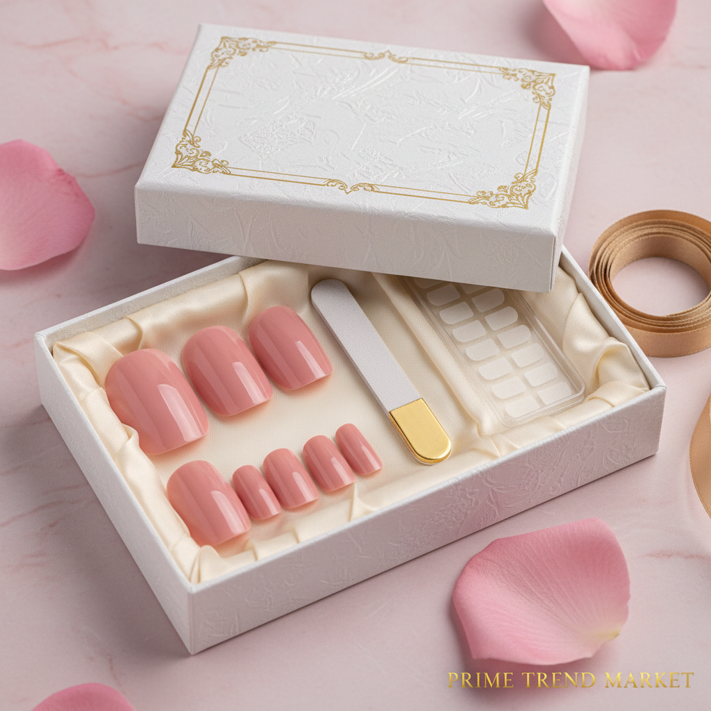 Blush Elegance press on nail gift set unboxing with gold ribbon on pink marble