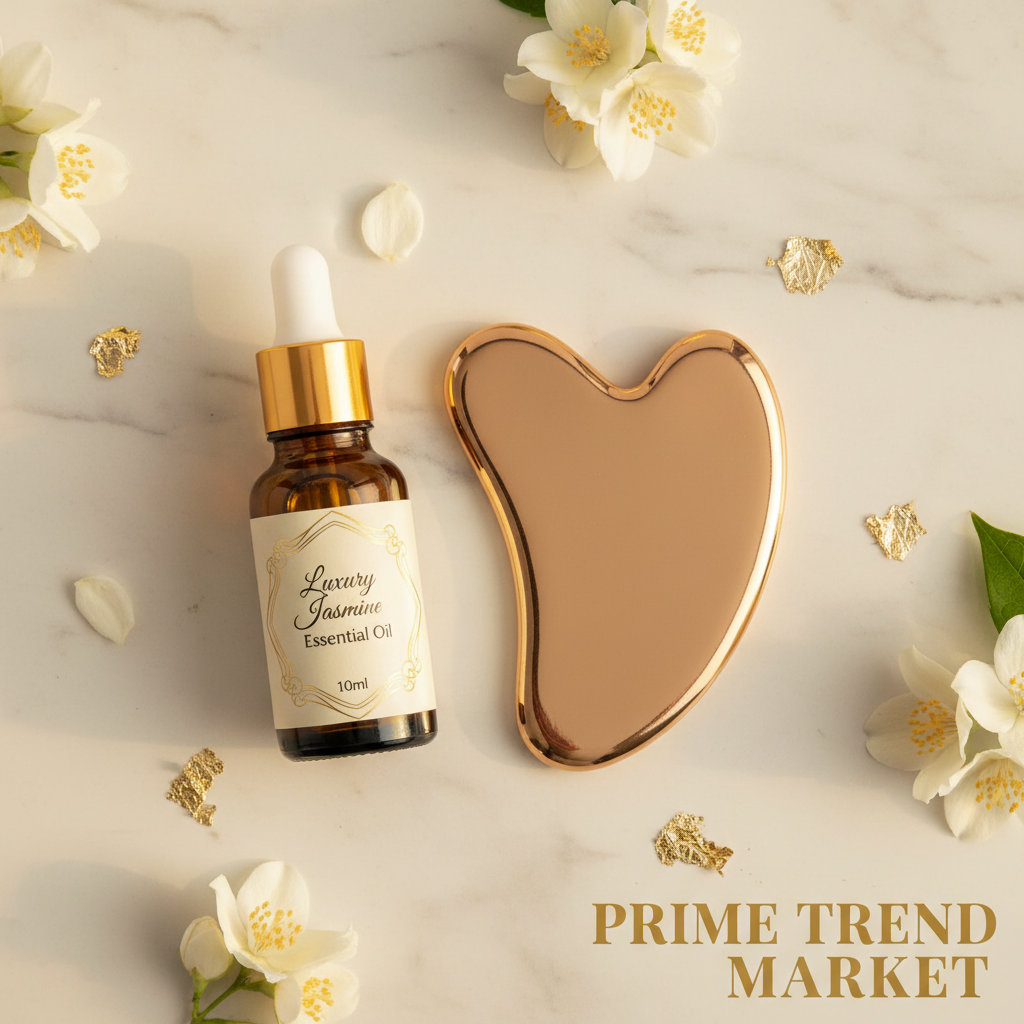 Luxury Jasmine Massage Oil bundle shot with champagne gold Gua Sha tool