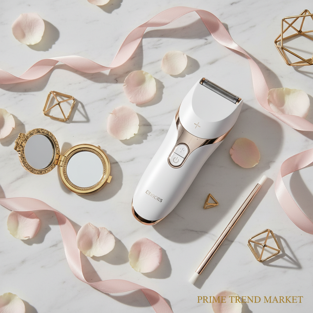 White women electric shaver facial trimmer marble rose petals gold accents feminine beauty editorial flat lay
