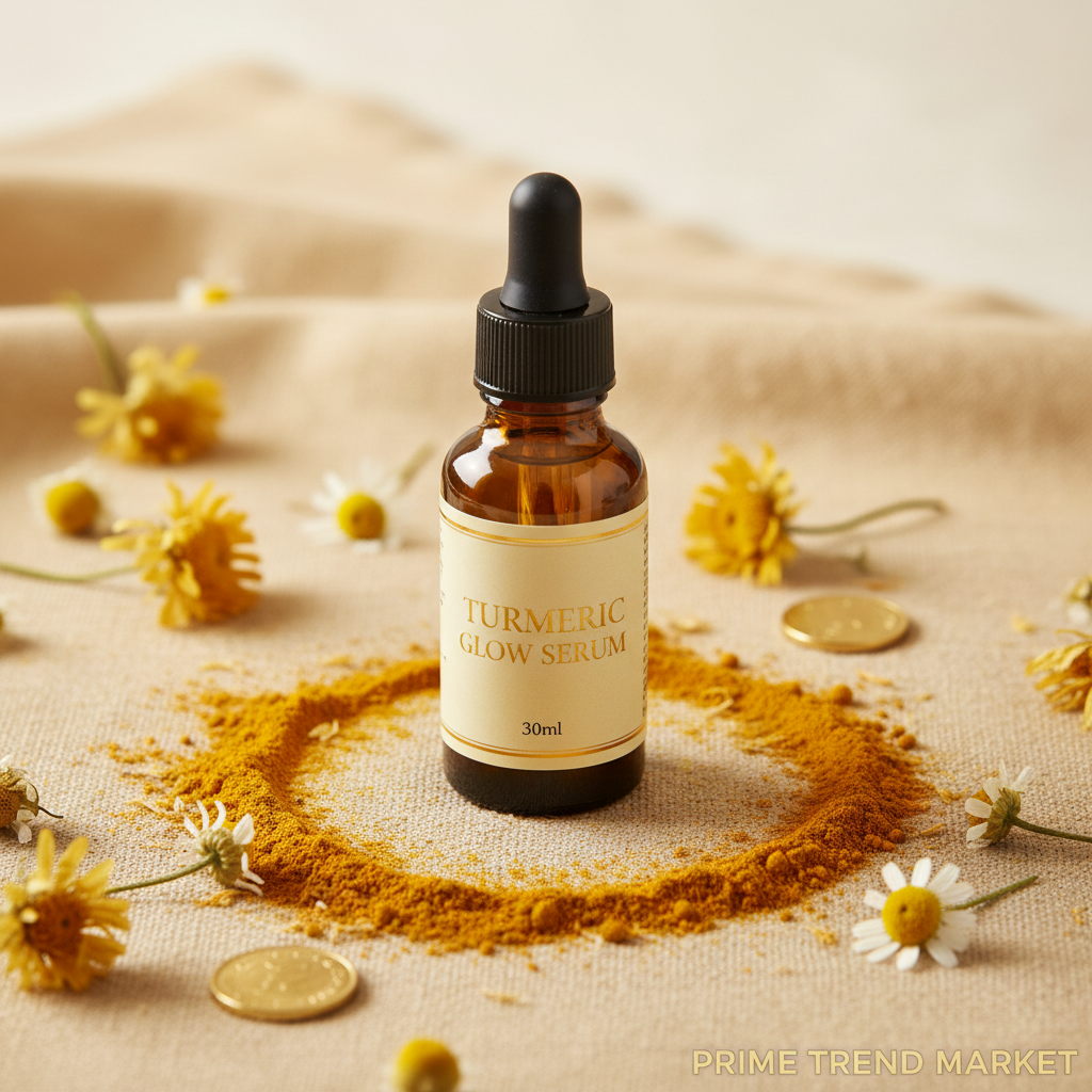 Warm golden spa flatlay of turmeric serum with dried flowers and gold coins — Prime Trend Market
