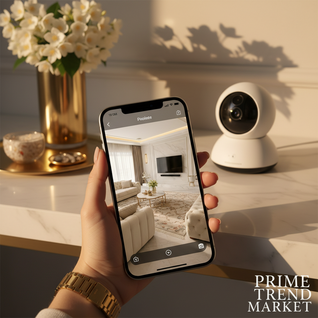 Smartphone showing live security camera feed app with smart camera in background — Prime Trend Market