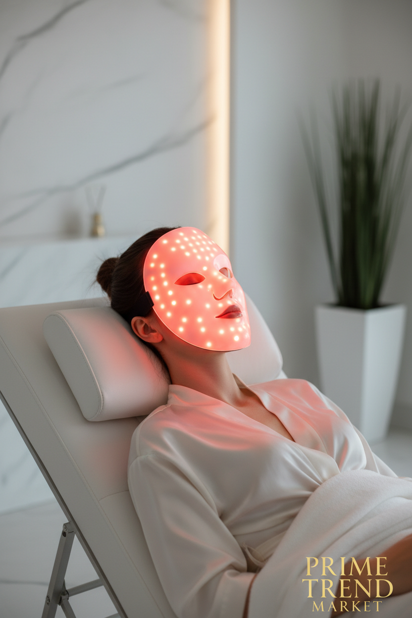 Woman relaxing wearing glowing white LED red light therapy face mask — Prime Trend Market