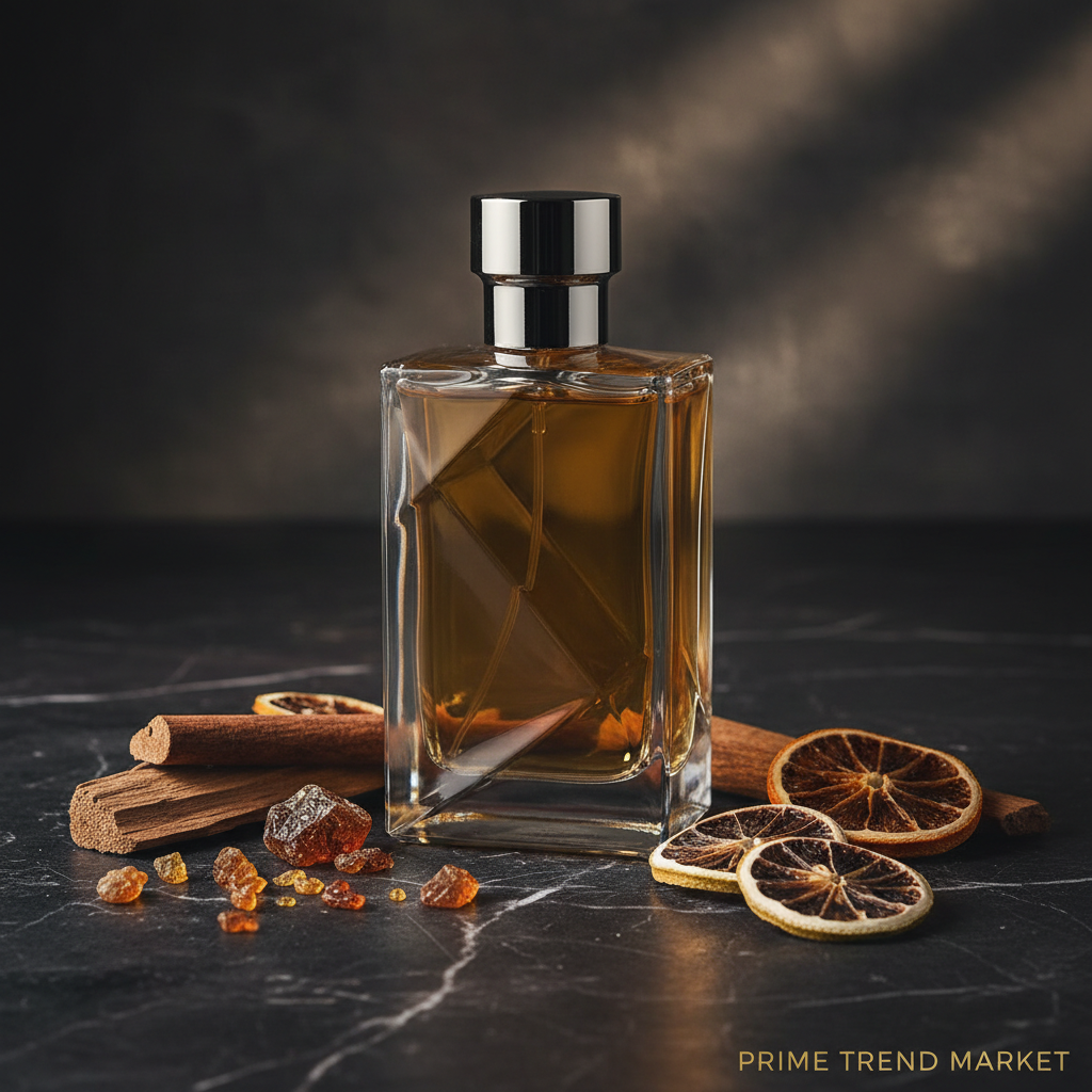 Chained cologne on dark marble with amber resin, cedarwood and citrus slices