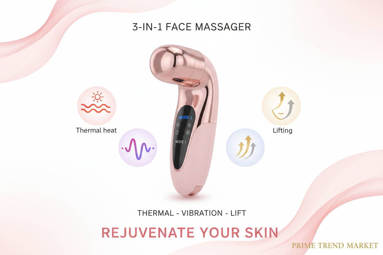 3-in-1 face massager feature infographic showing thermal vibration and lifting technology — Prime Trend Market