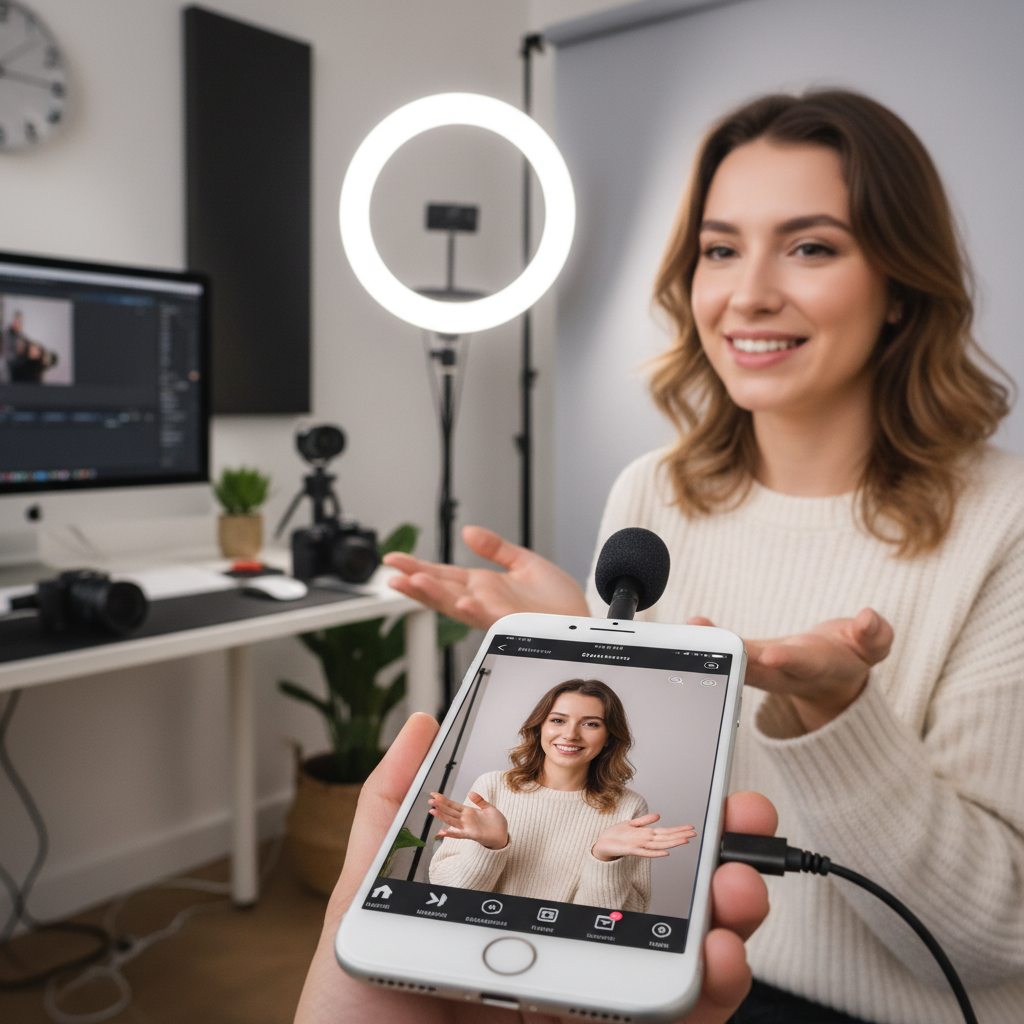 Woman recording TikTok video with lavalier microphone plugged into iPhone and ring light