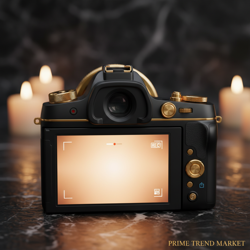 HD WiFi Camera flip screen close-up on dark marble background