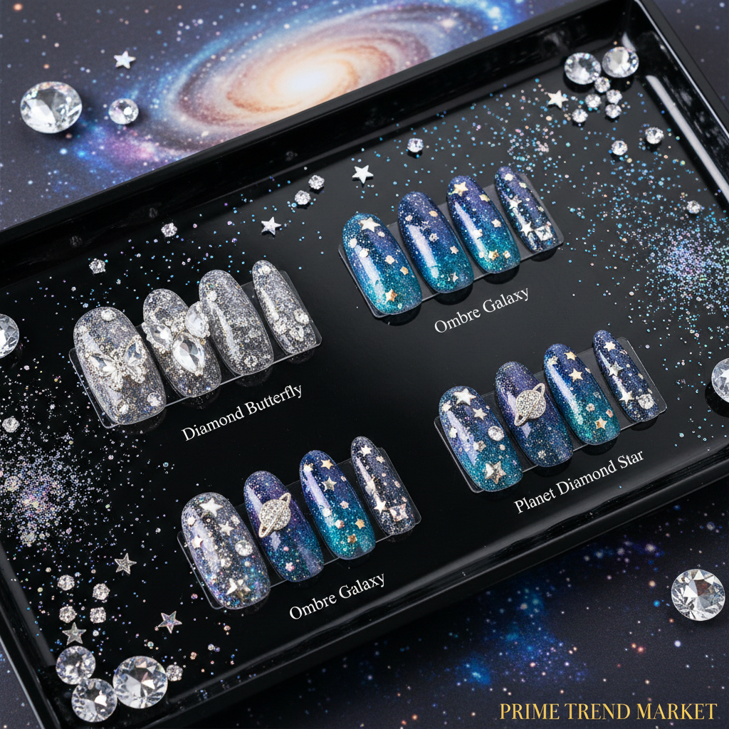 Three celestial nail sets on black acrylic tray with crystal gems and glitter