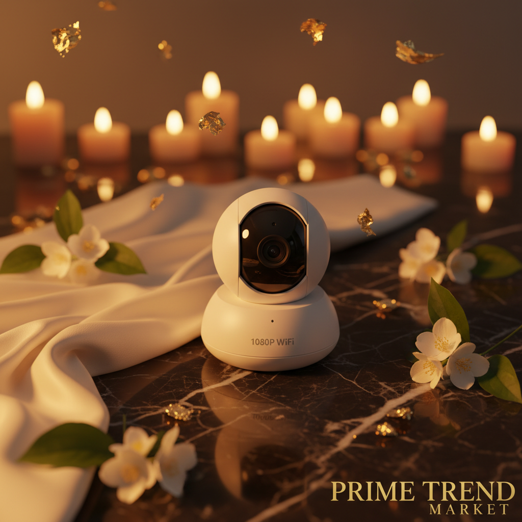 1080P Smart WiFi Surveillance Camera on black marble with jasmine flowers and gold accents