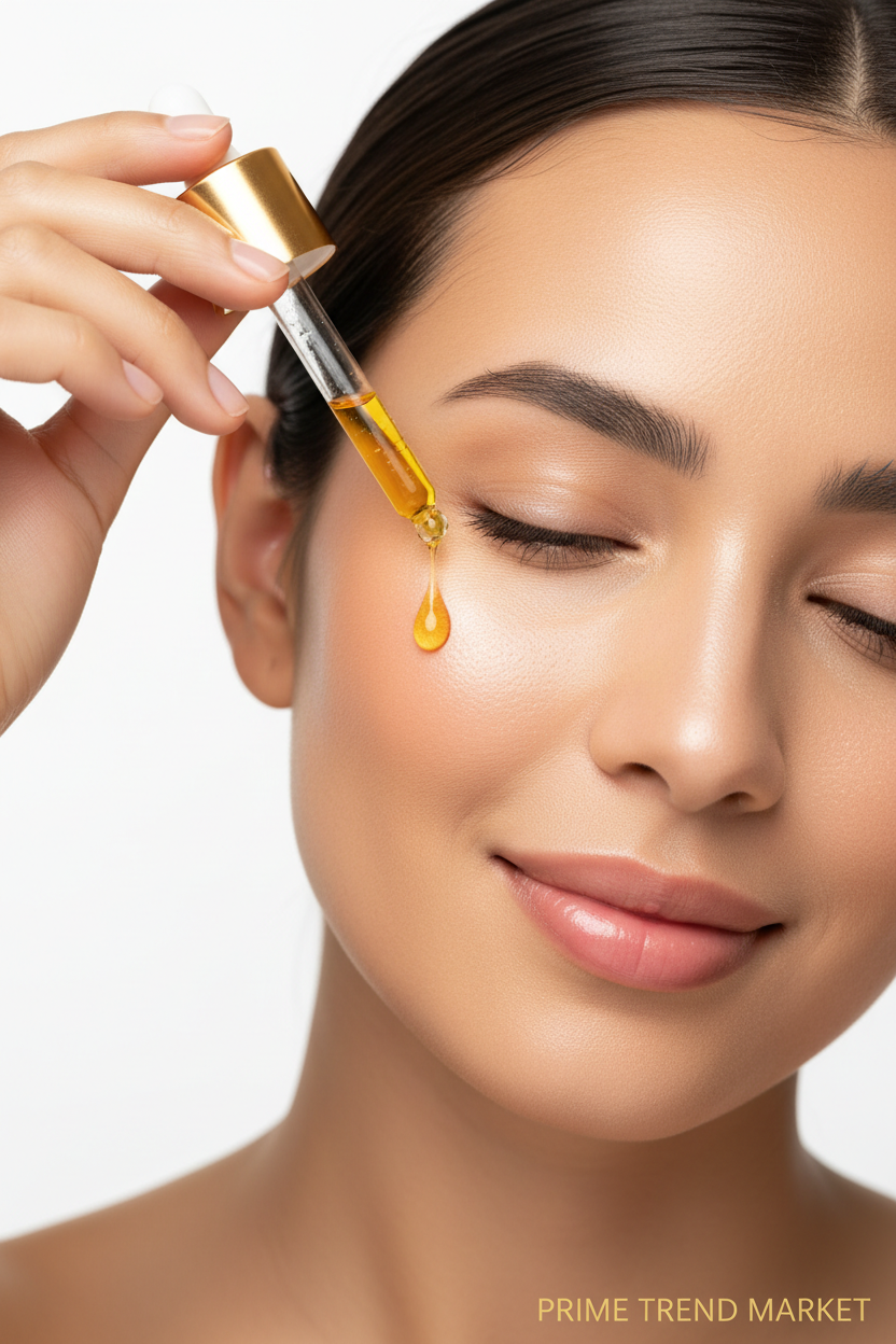 Woman with glowing radiant skin applying turmeric serum — Prime Trend Market