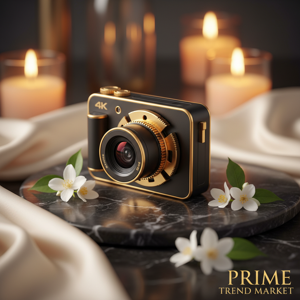 270° rotating 4K pocket camera on dark marble with jasmine flowers and gold accents