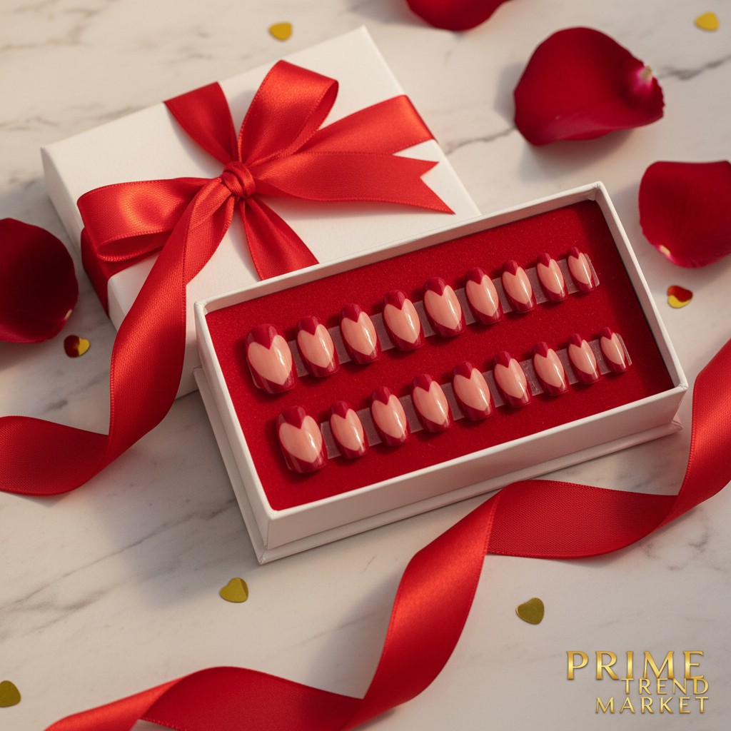 Valentine's Day press on nail gift set in luxury white box with red ribbon