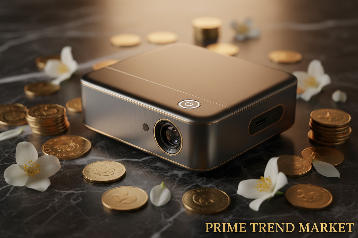 Portable WiFi Mini Projector flat lay with gold coins and jasmine on marble — Prime Trend Market