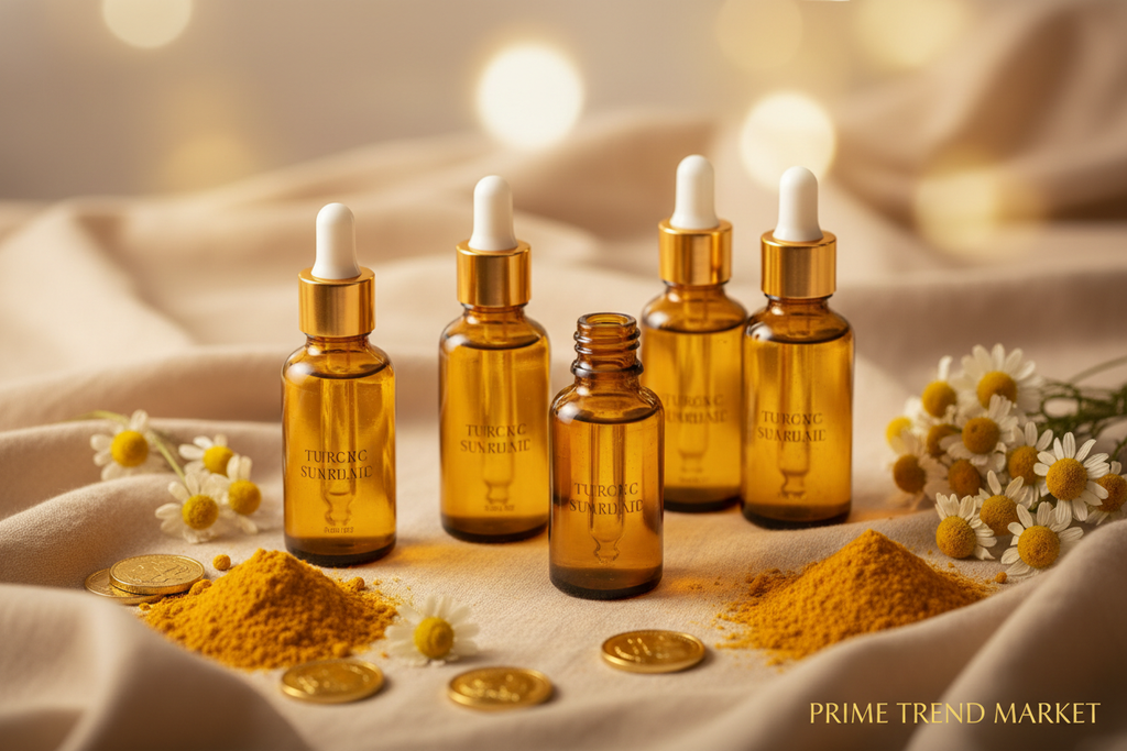 Turmeric serum 1pc 2pc 3pc bundle set on warm linen with chamomile flowers — Prime Trend Market