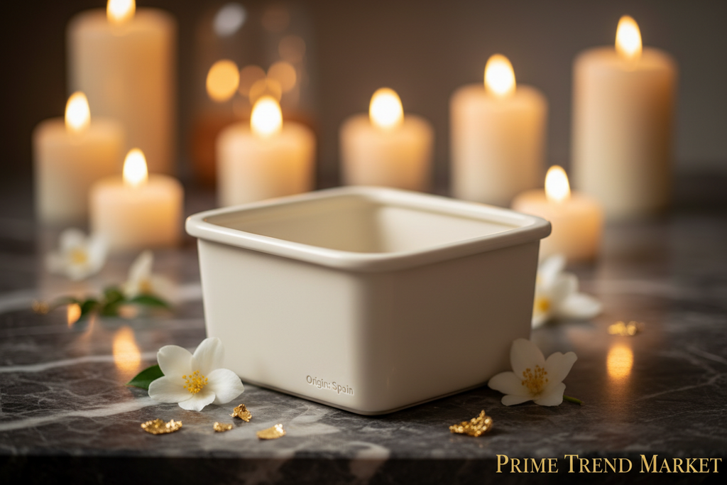 Premium small square offwhite cat litter box on dark marble with candlelight bokeh luxury scene