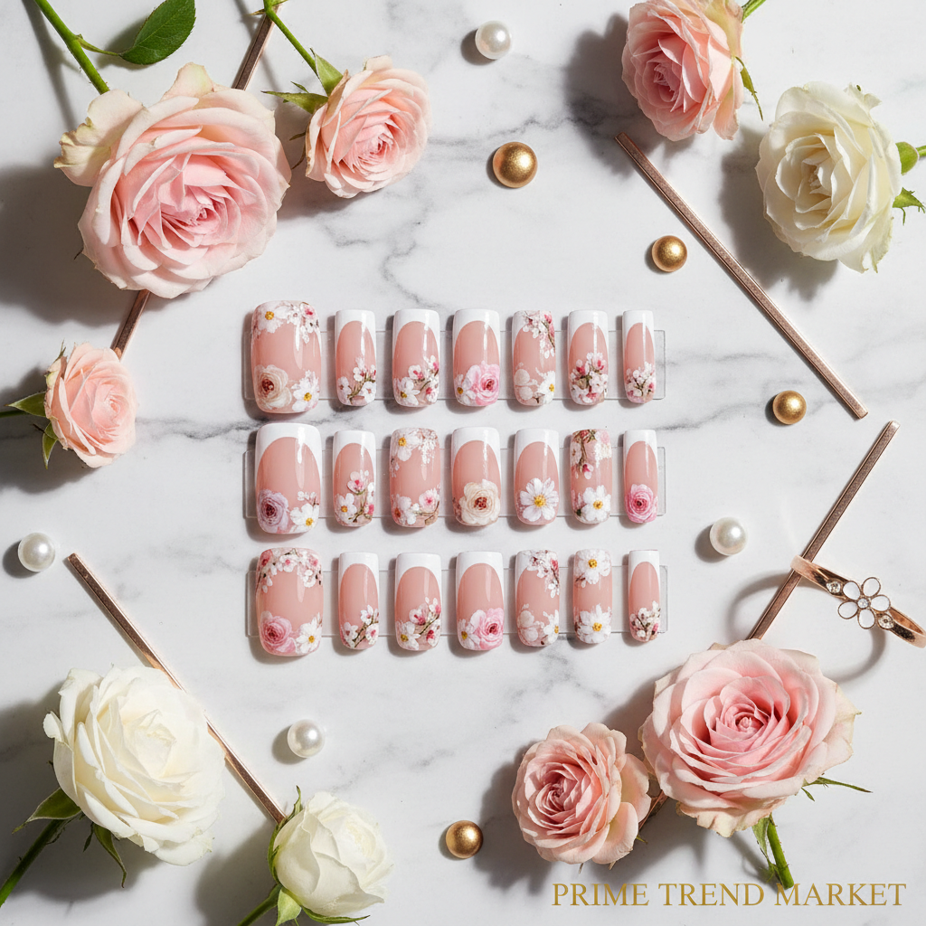 French flower press-on nails flat lay on marble with roses and pearls