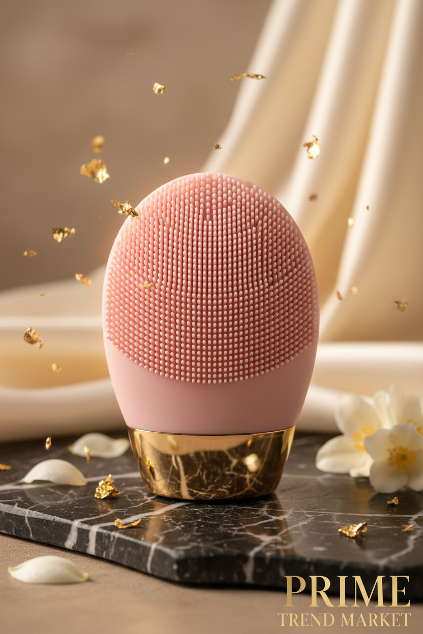 Close-up Pink Mini Silicone Electric Face Cleansing Brush on black marble
