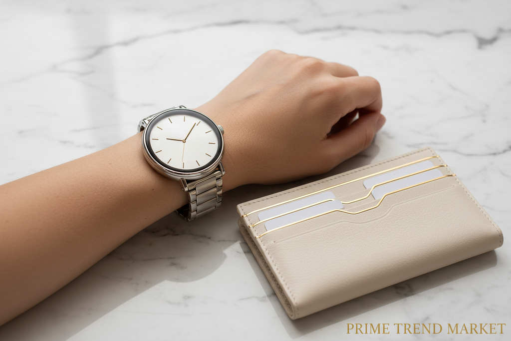 Woman's wrist with smartwatch next to leather wallet