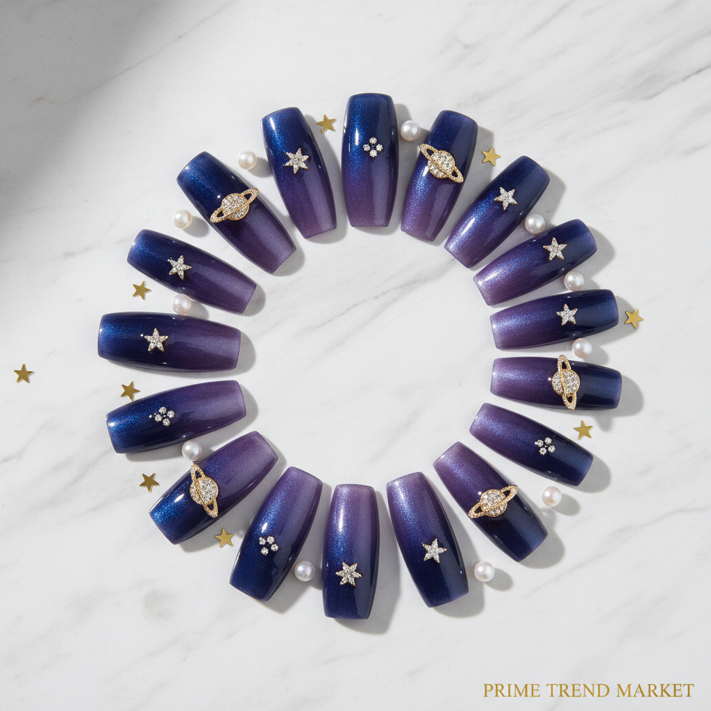 Ombre galaxy press-on nails flat lay purple blue gradient diamond star planet charms