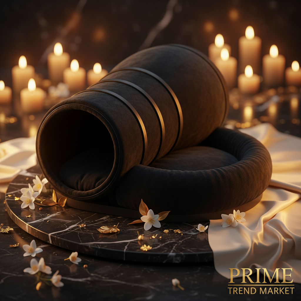Premium black space capsule cat house tunnel bed on dark marble with jasmine flowers and gold accents