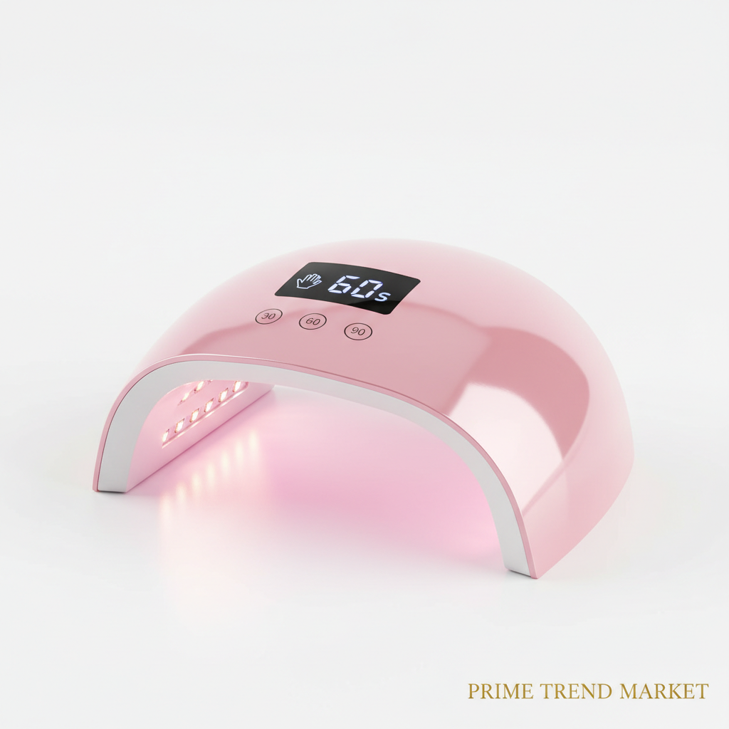 Pink UV LED nail lamp with LCD display and smart sensor hero shot on white background with pink gradient