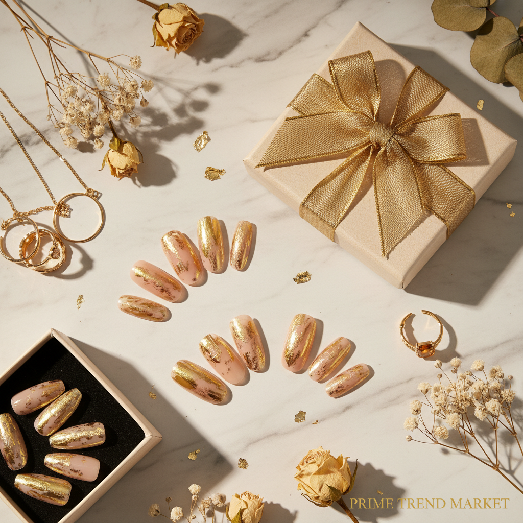 Gilded Whisper press on nails luxury flatlay with gift box on white marble
