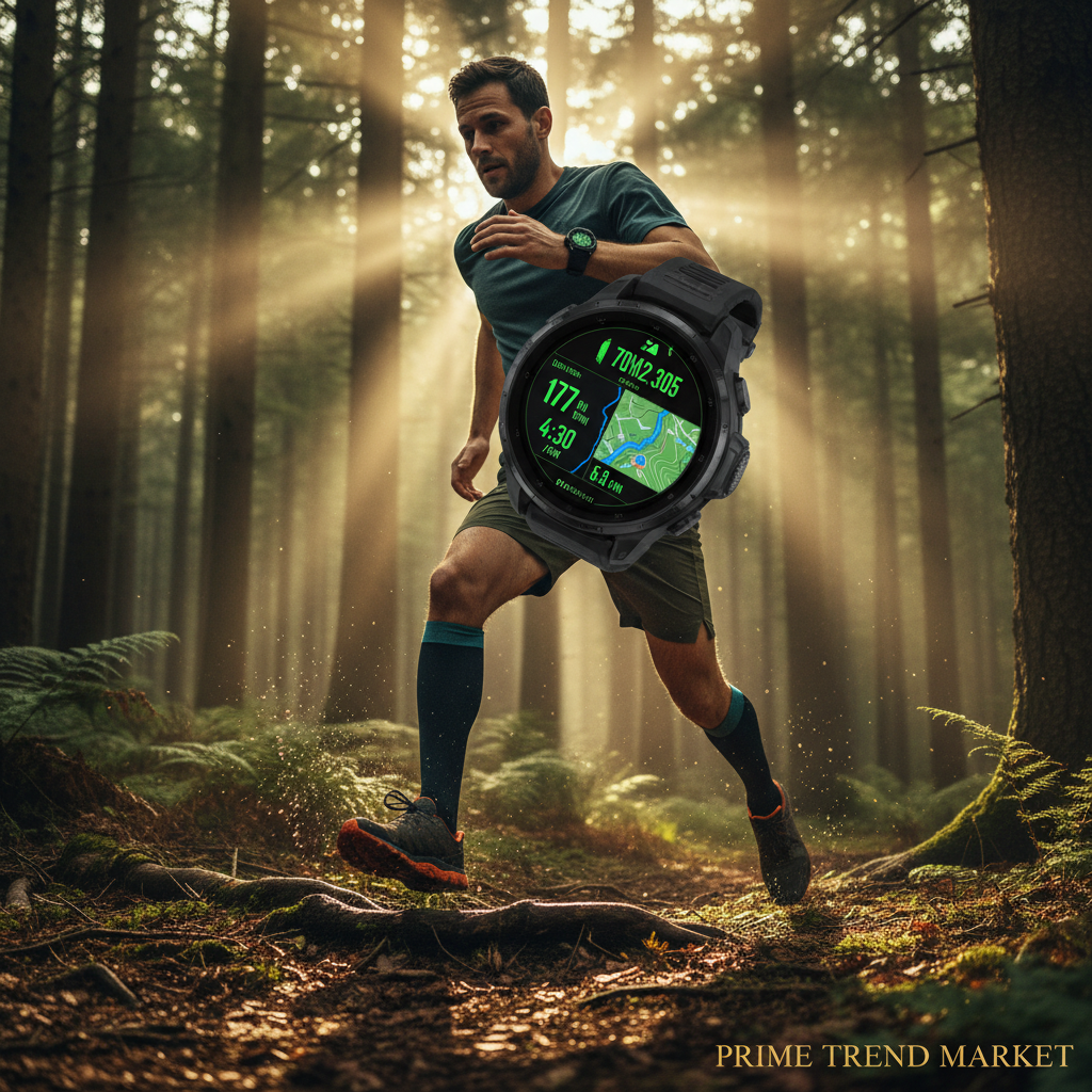 Man trail running through forest wearing SENBONO GPS smartwatch