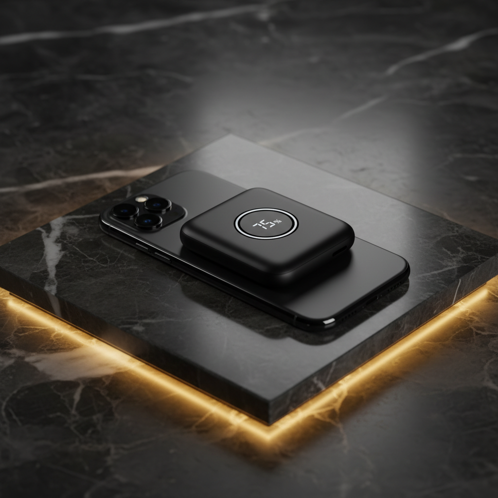 Black magnetic MagSafe power bank snapped onto iPhone on dark marble with gold lighting
