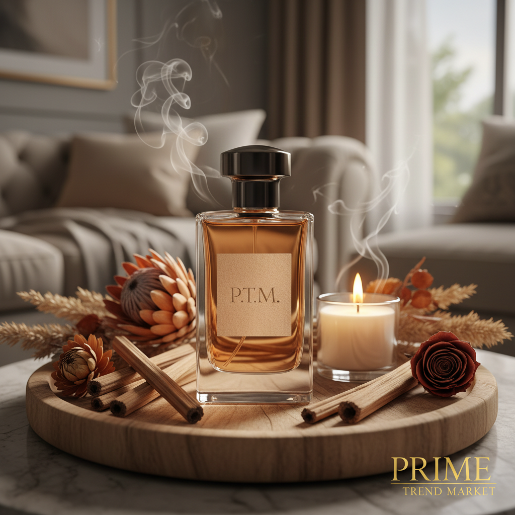 Niche perfume on wooden tray with sandalwood sticks and burning candle
