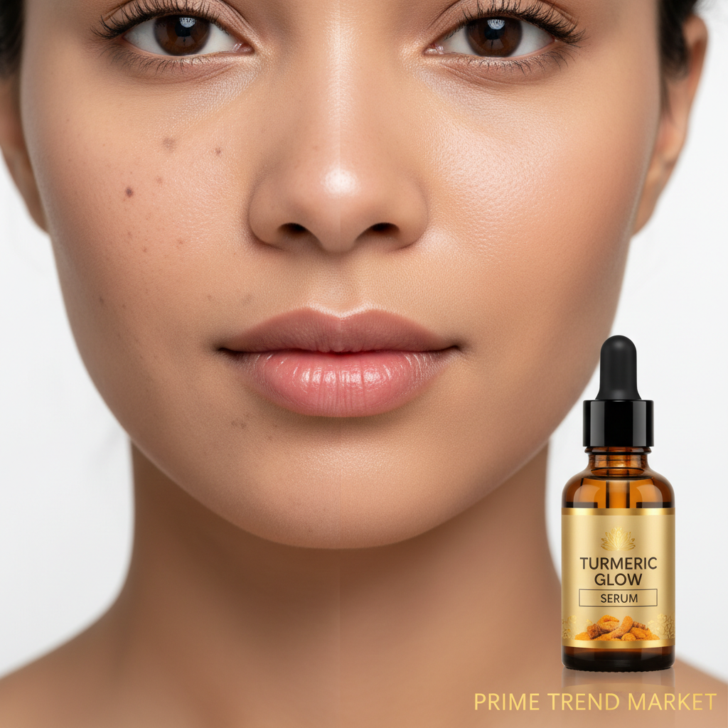 Skin transformation close-up showing faded dark spots after turmeric serum — Prime Trend Market