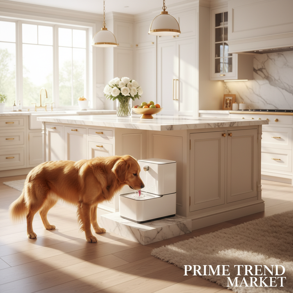 Smart Pet Water Fountain - Dog Drinking in Luxury Home Kitchen