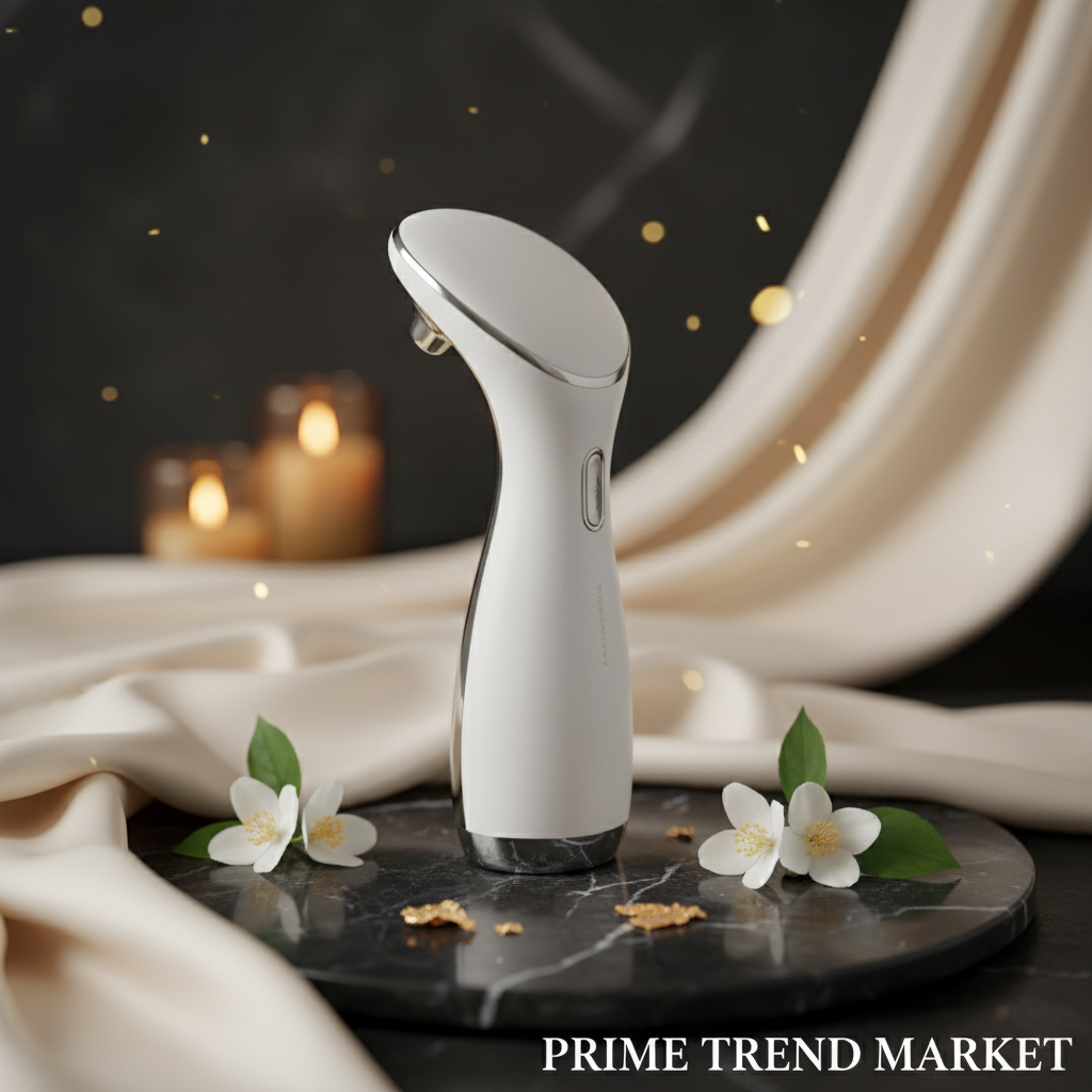Luxury white EMS neck massager on dark marble with jasmine flowers